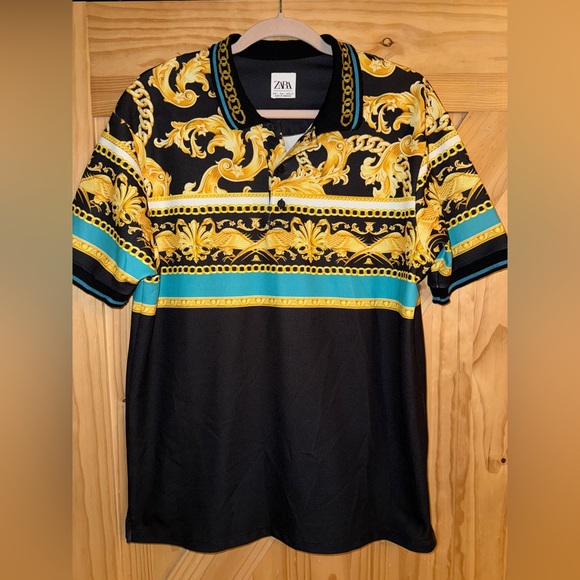 Zara Men's Gold and Black Polo-Shirt - Picture 2 of 3